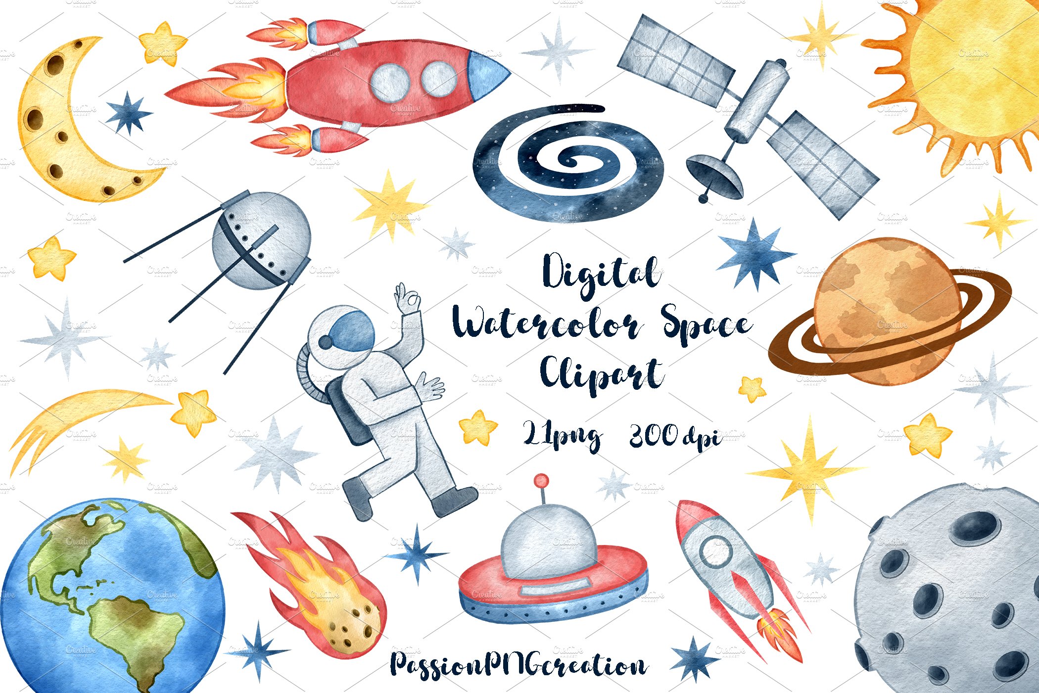 Digital Watercolor Space Clipart preview image.
