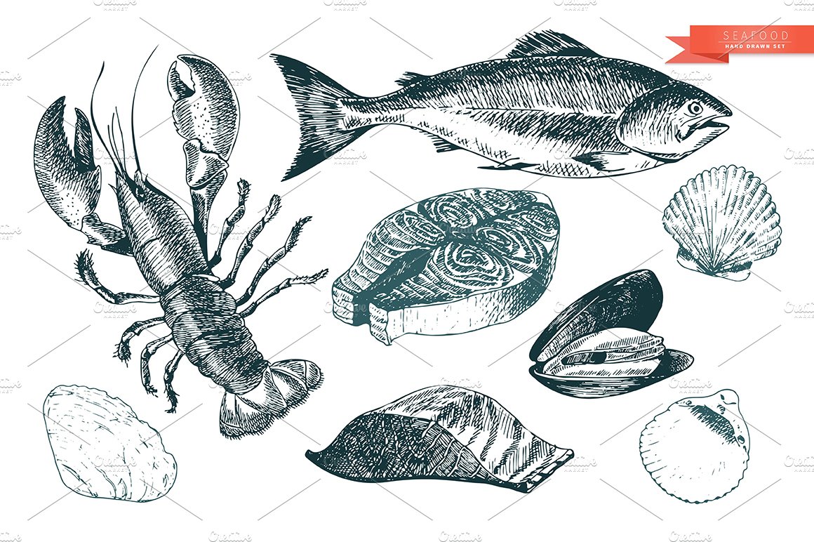 Seafood Hand Drawn Icon Set preview image.