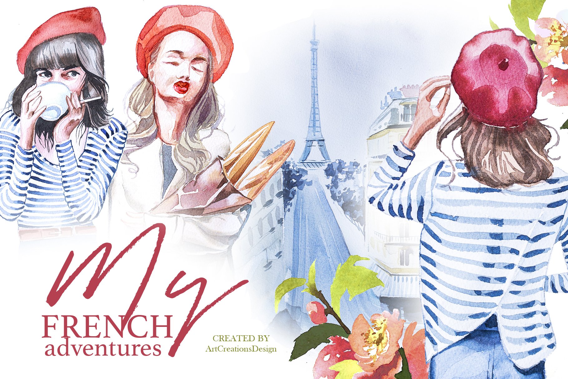 Watercolor French Adventures Clipart cover image.