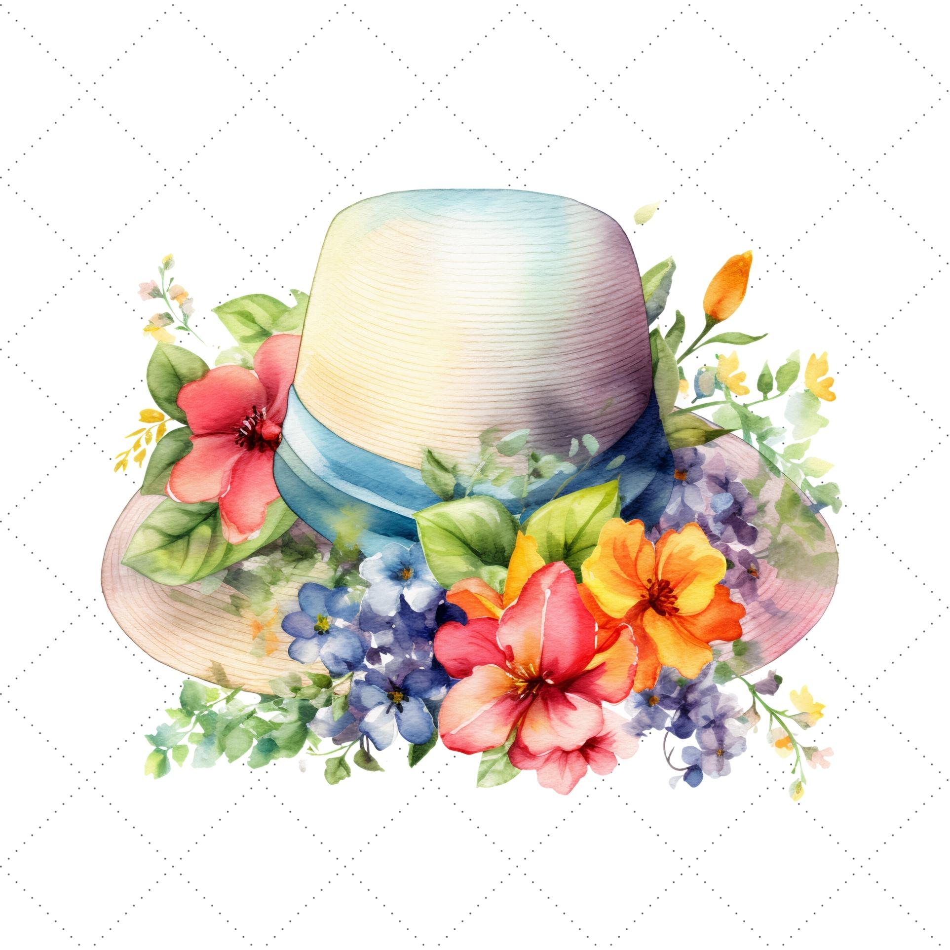 Watercolor Spring hat Floral Clipart Bundle preview image.
