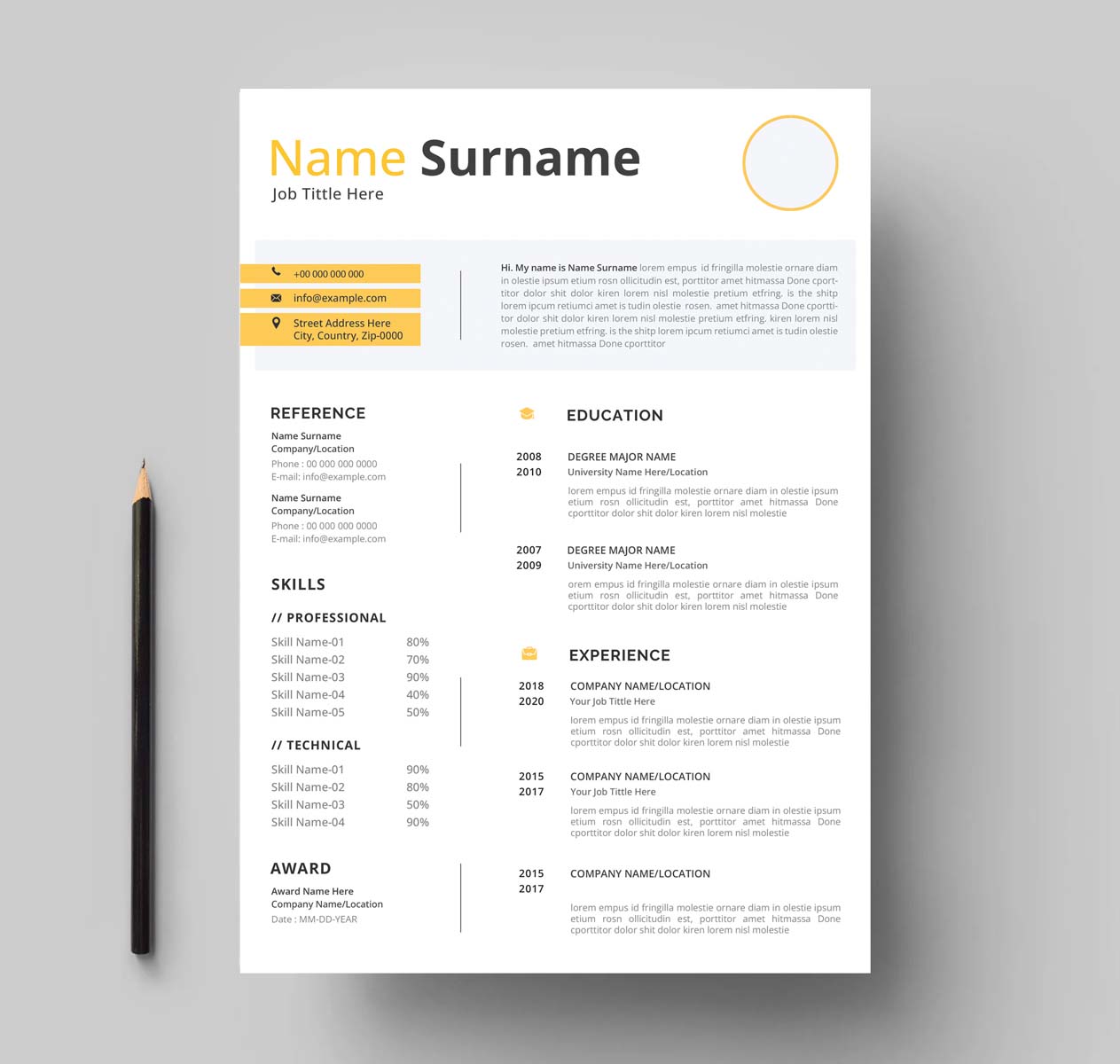 Professional resume template with a pencil on top of it.