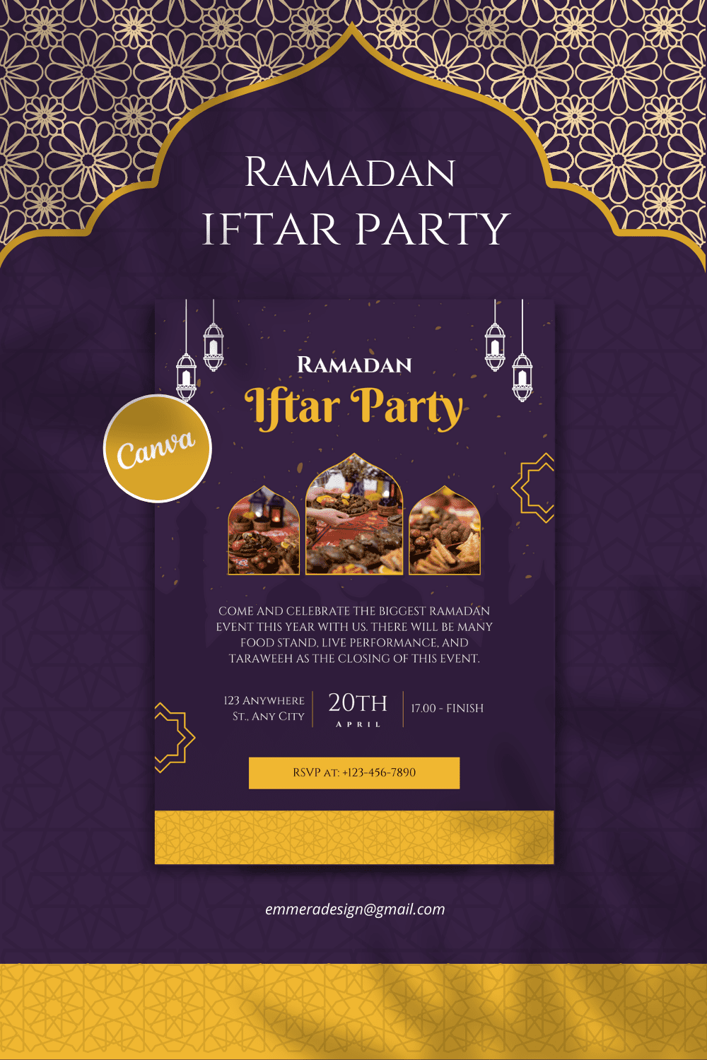 [Design 3] Purple Gold Elegant Ramadan Iftar Party Flyer Canva Template pinterest preview image.