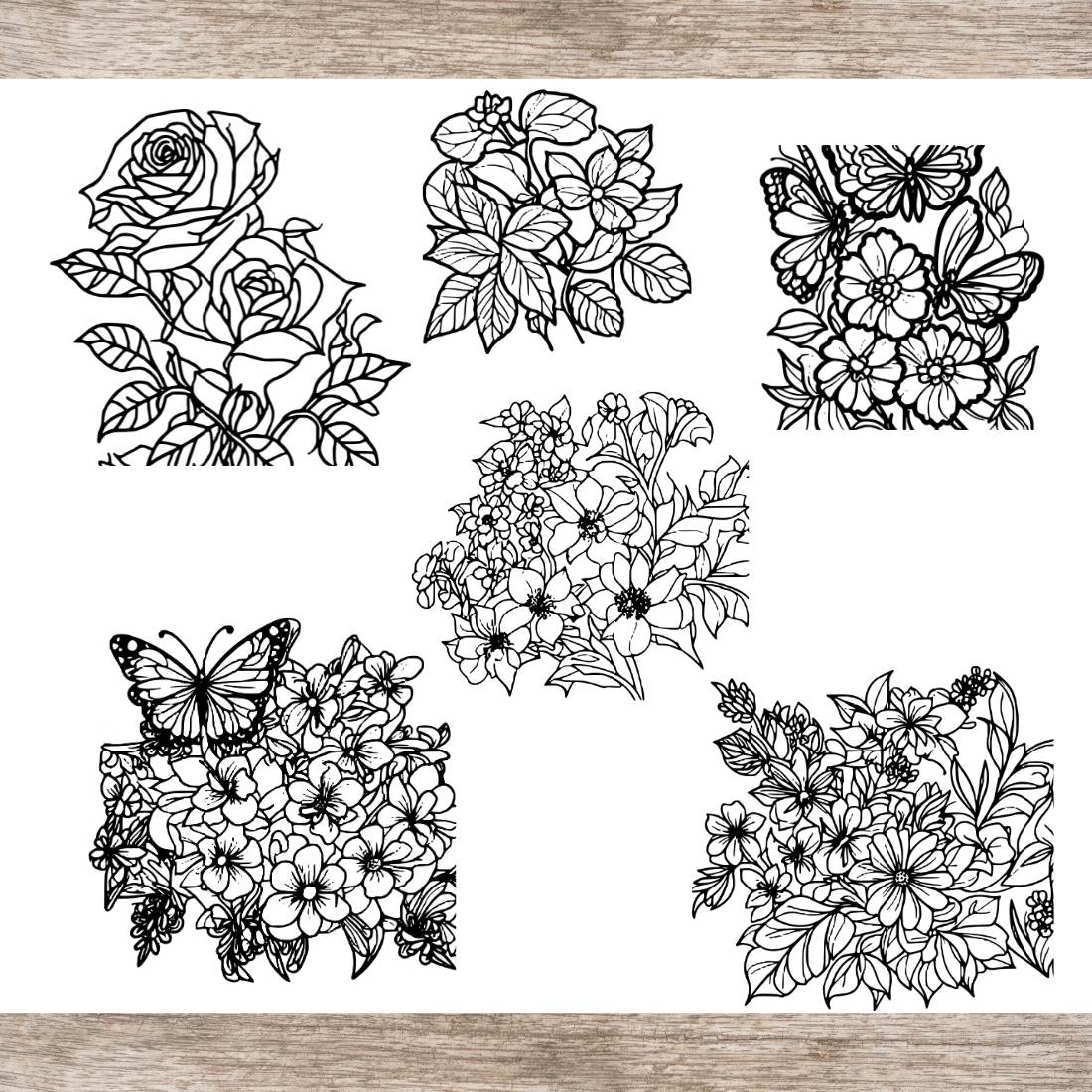 Title: 6 Flower Drawing Floral Coloring Pages with butterflies For Adults (SVG and PNG) preview image.