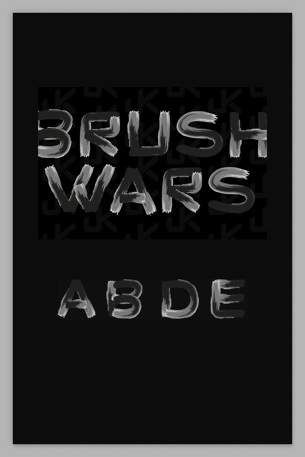 Text Brush Wars written with a brush in gray on a black background.