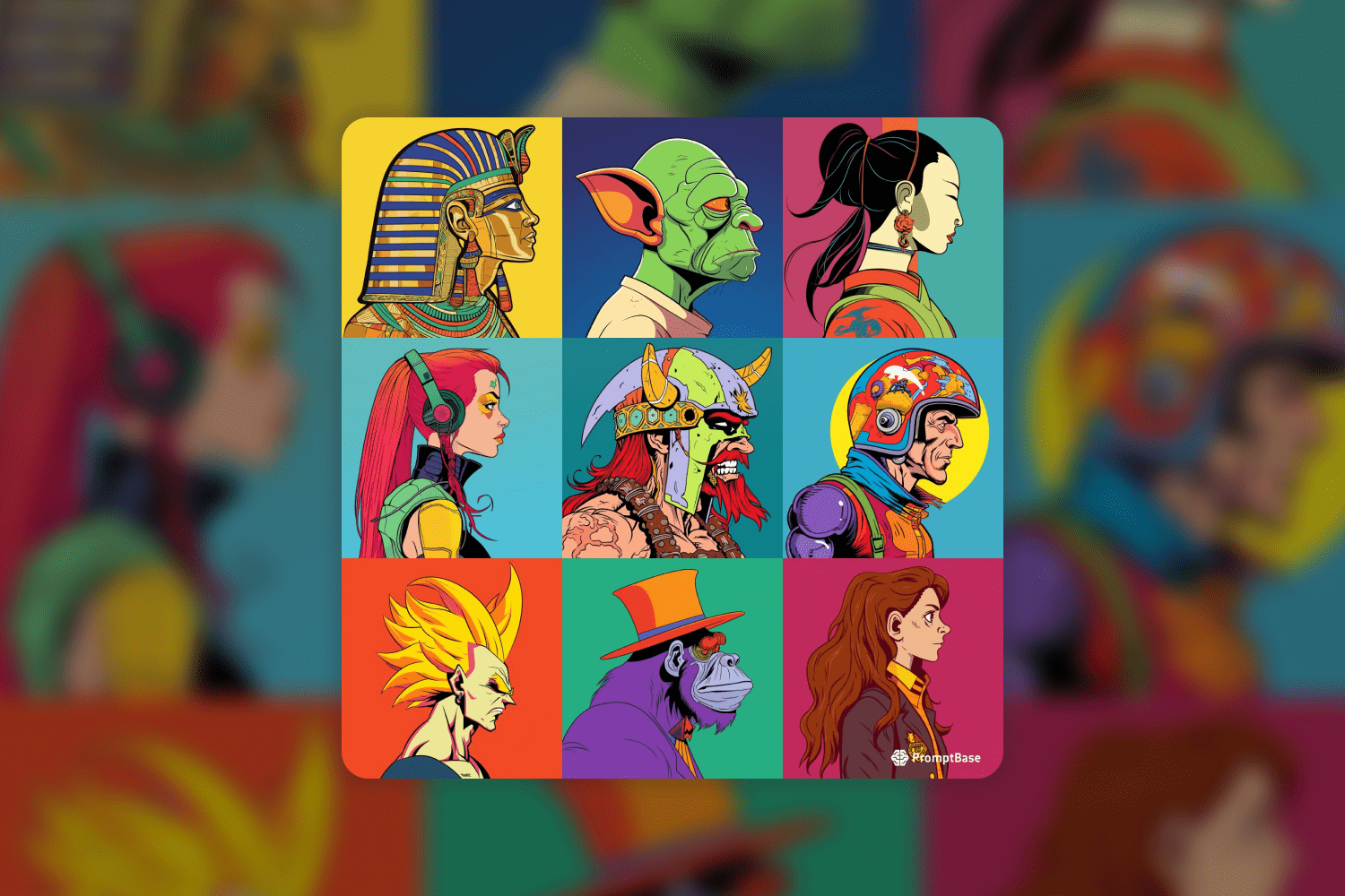 Collage of six drawings of fictional characters in profile.