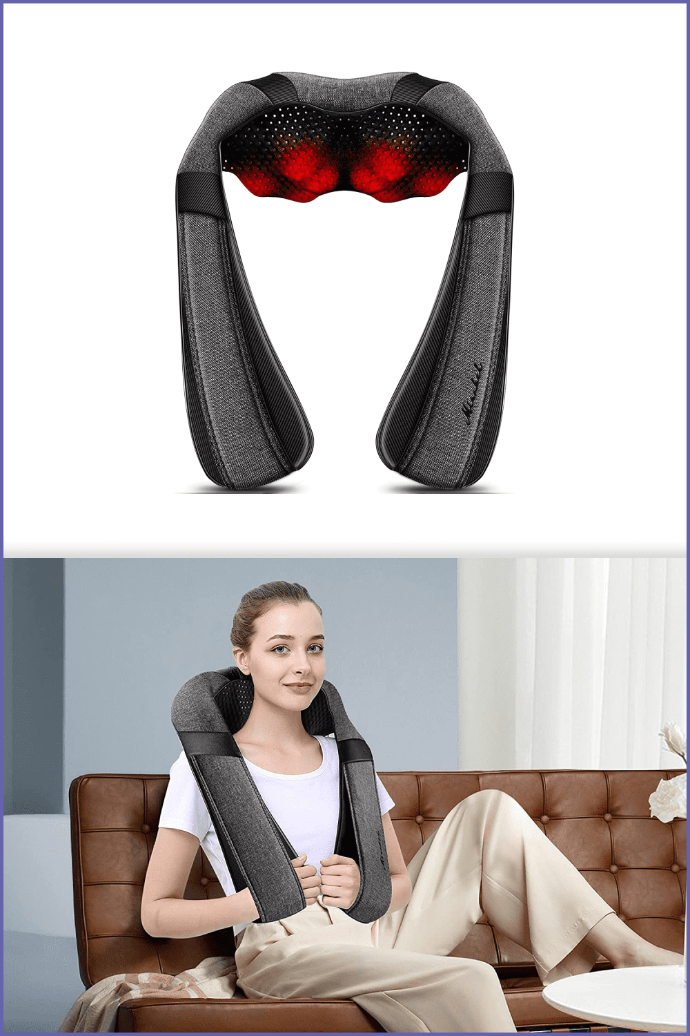 Collage with a photo of a black neck massager and a girl with it.