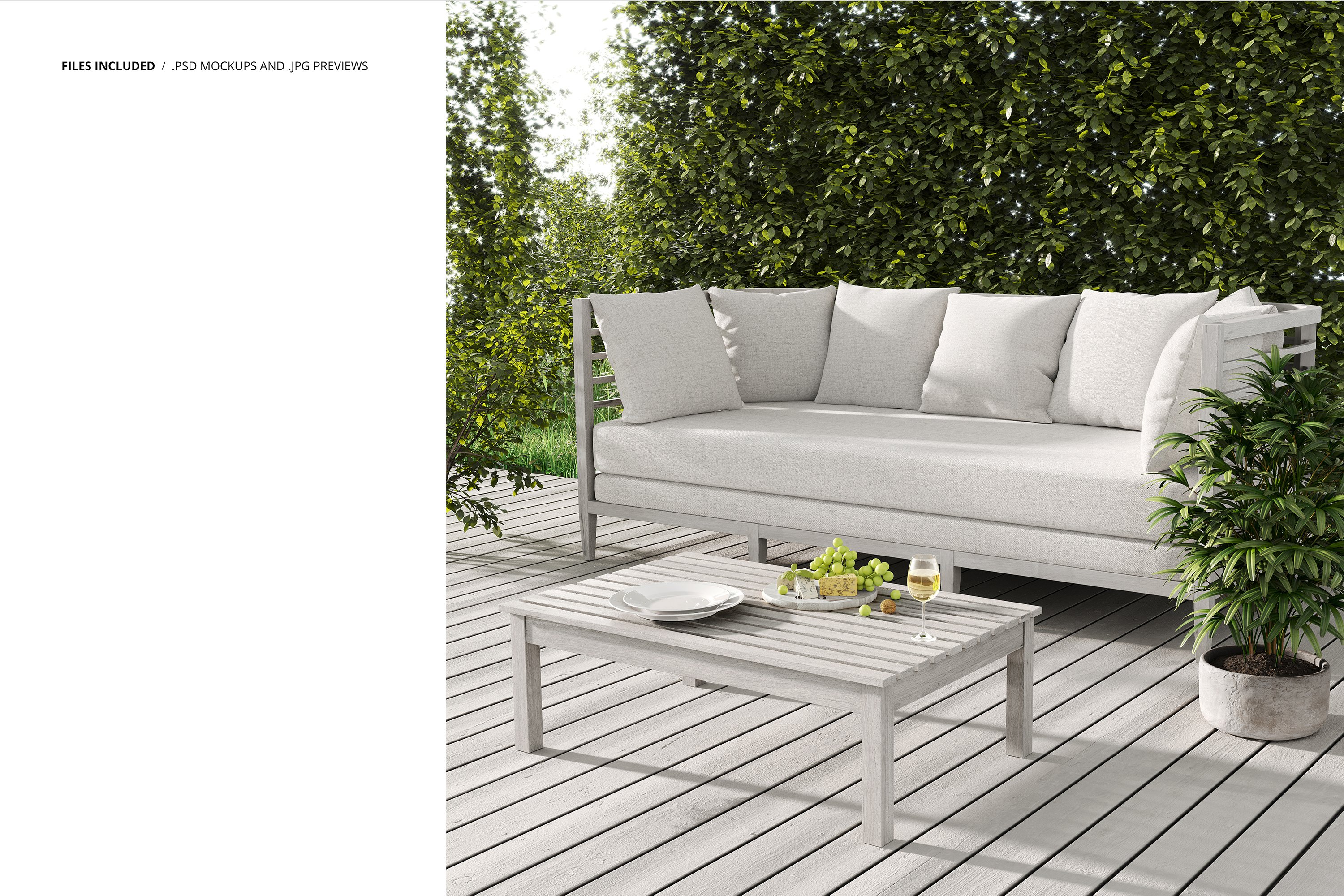 Outdoor Scene Sofa & Pillows Mockup preview image.