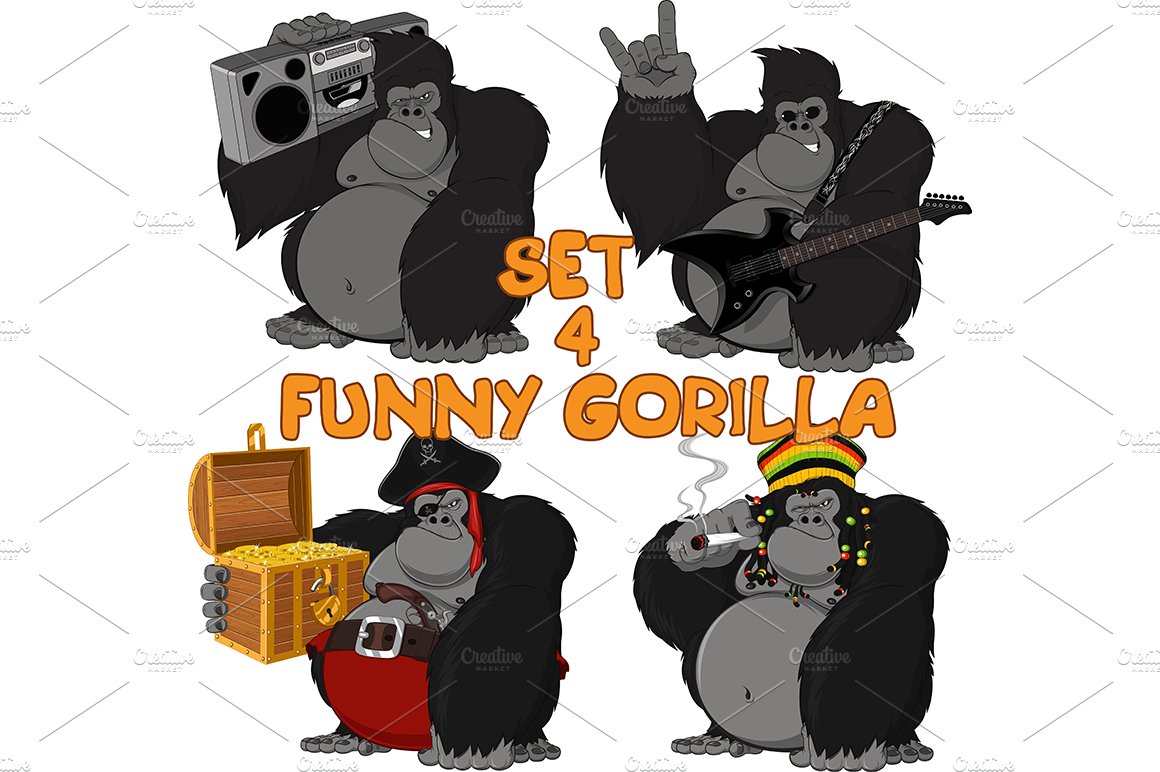 Set 4 funny gorilla cover image.