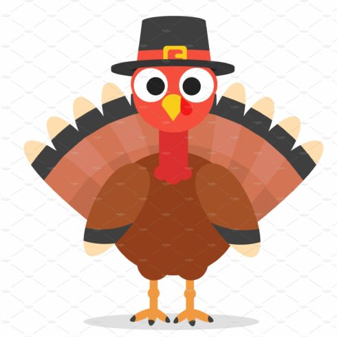 Turkey bird in a hat stands on a cover image.