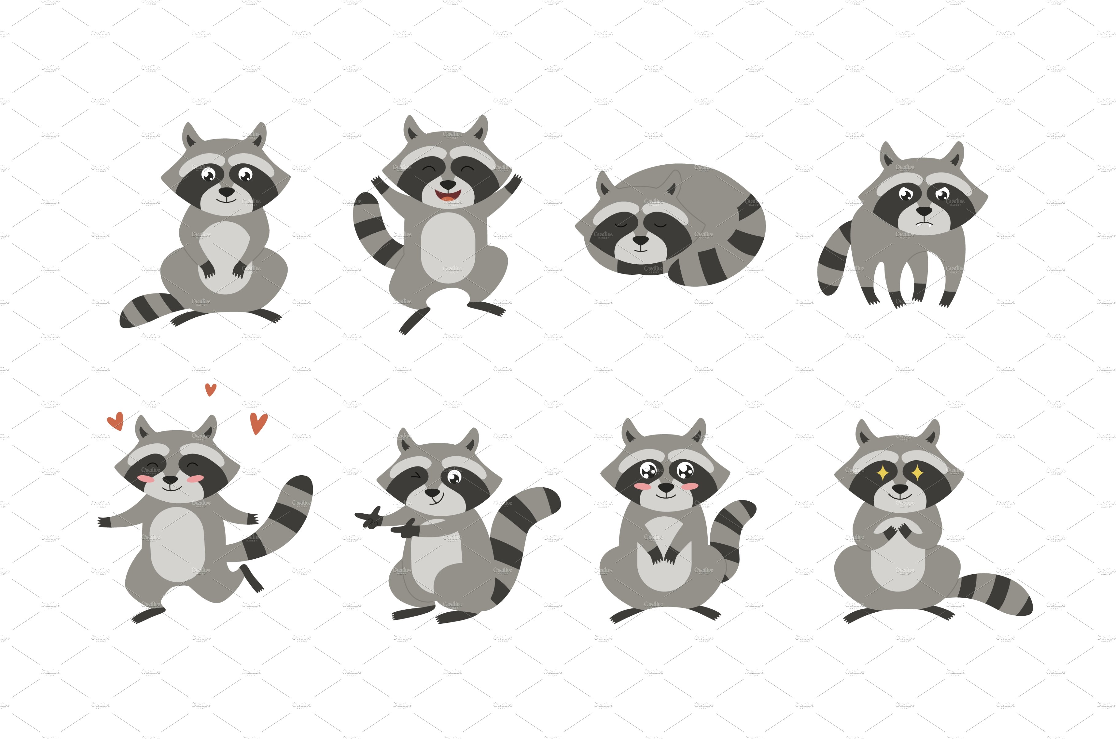 Raccoon in various poses with cover image.