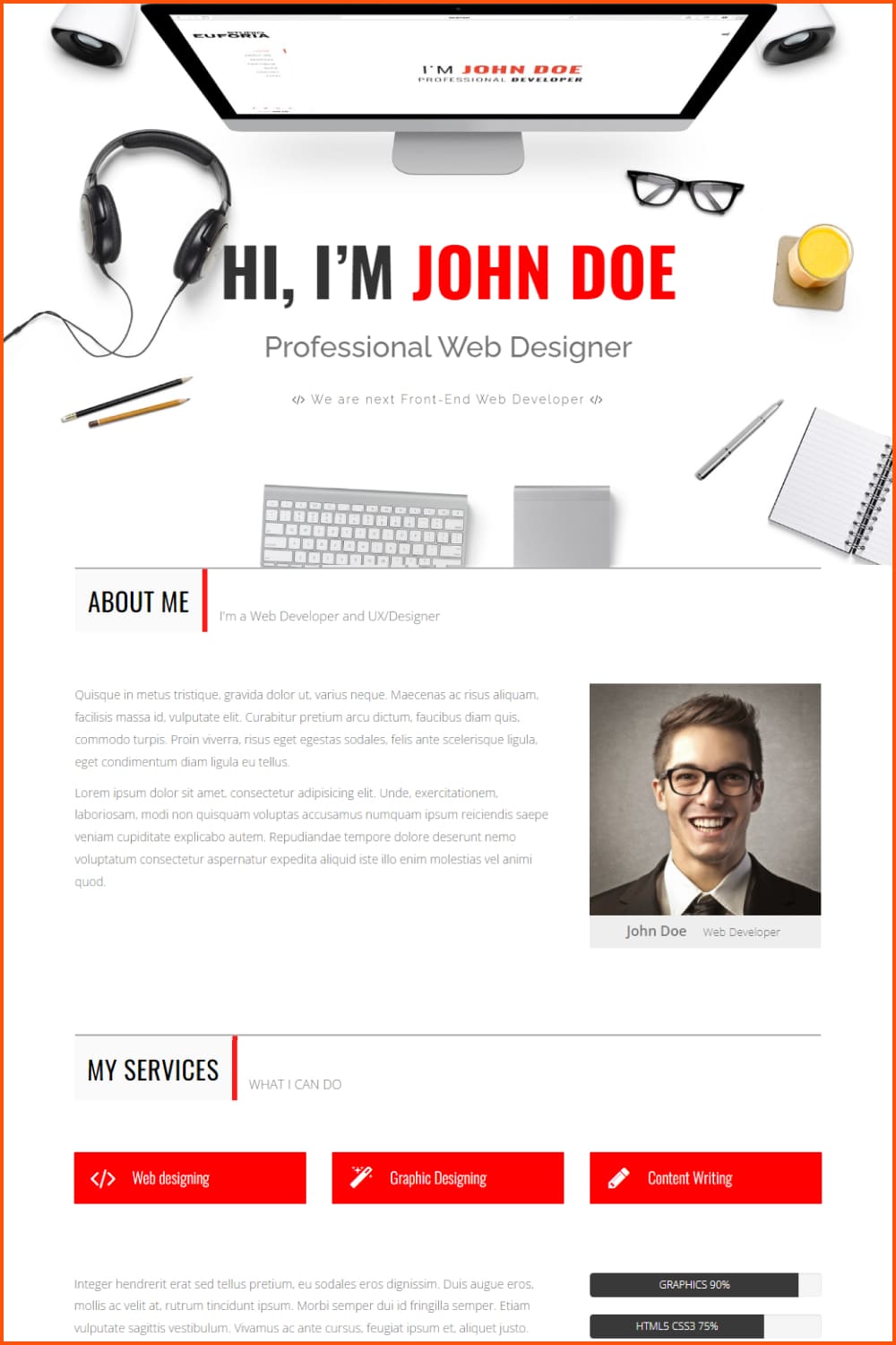 Screenshot of a website template with large text, an about me block, and a services block.