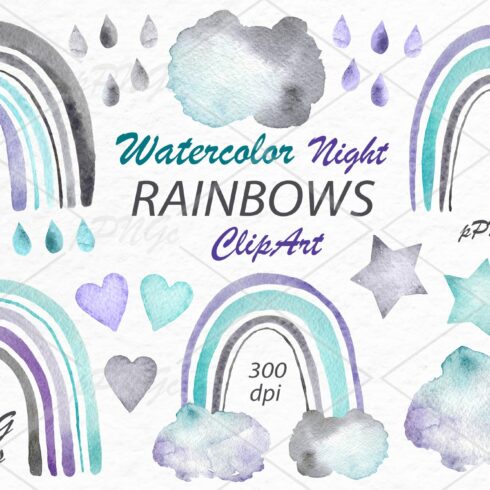 Watercolor Night Rainbows Clipart cover image.