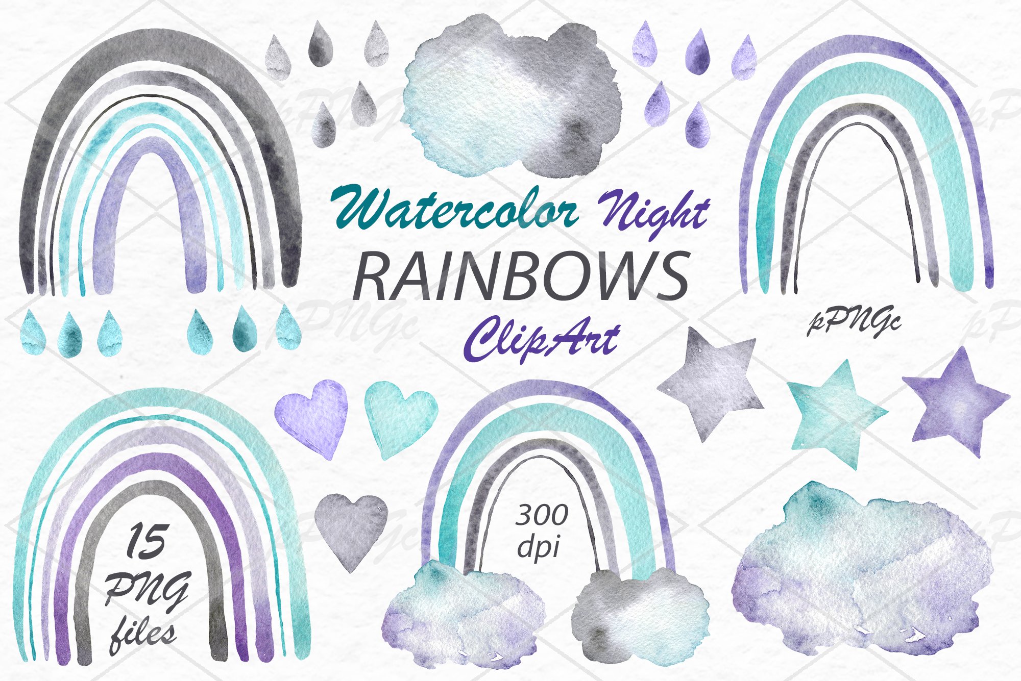 Watercolor Night Rainbows Clipart cover image.