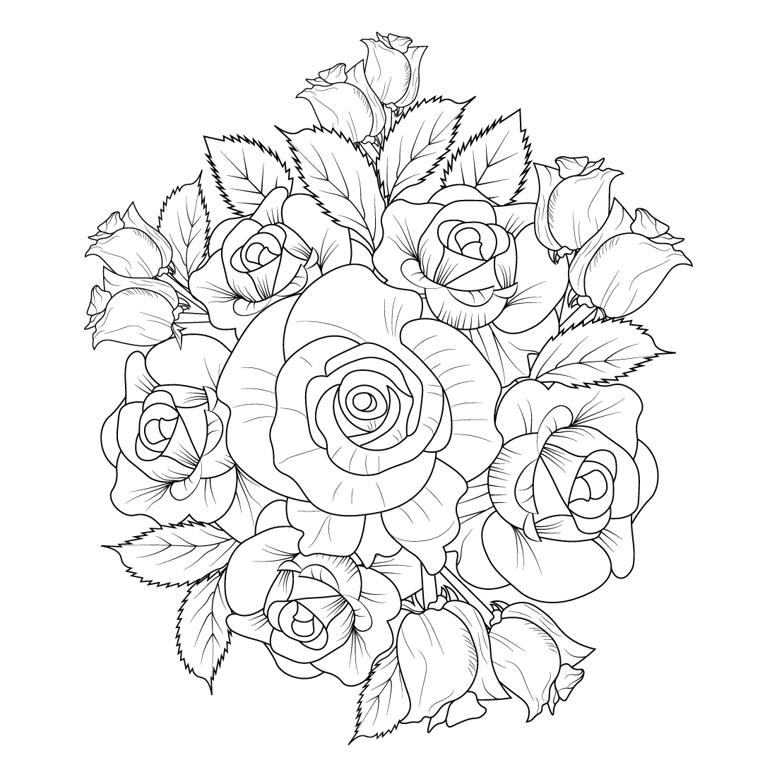 black and white floral bouquet, coloring page, black...