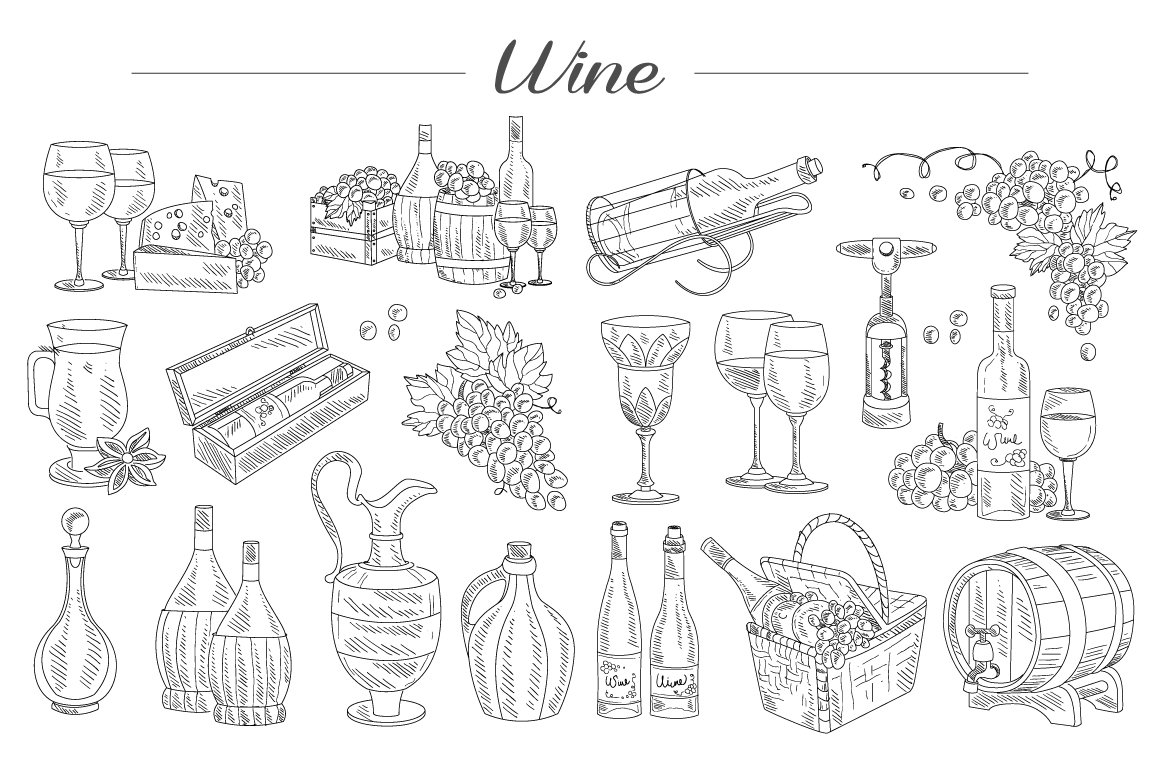 Wine and Grapes, Hand drawn cover image.