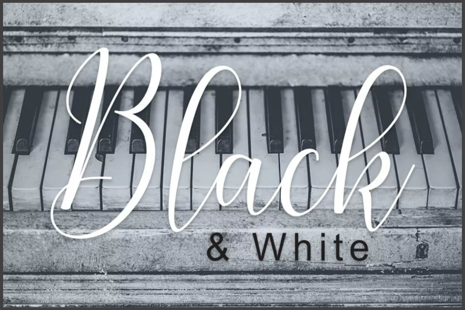 White and black text on piano keys background.