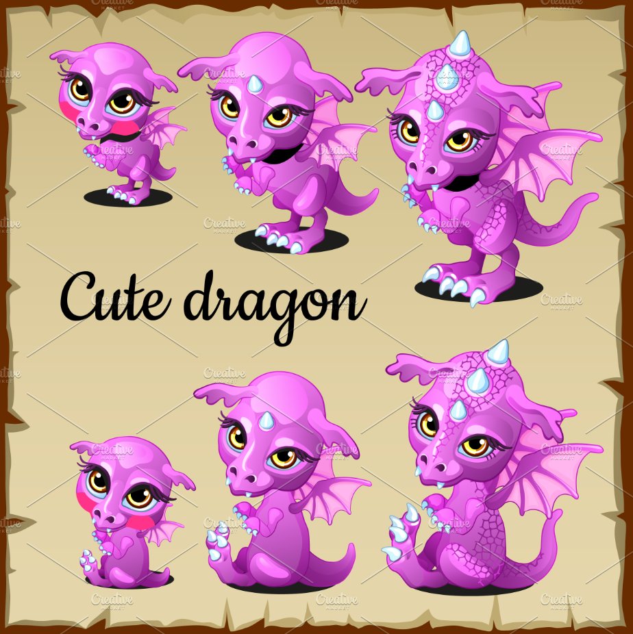 Set of little pink dragon icons preview image.