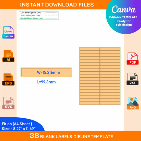 38 Adhesive Address Labels Dieline Template In A4 Sheet cover image.