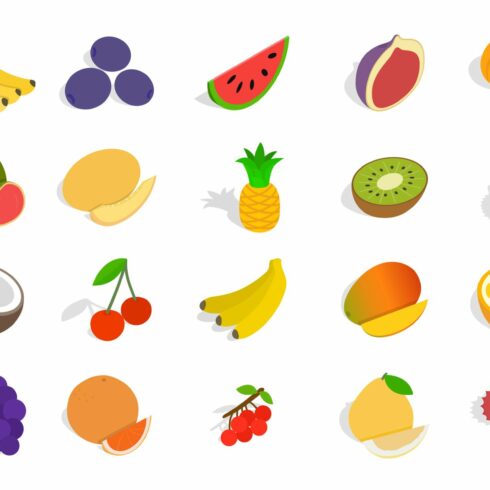 Fruits icon set, isometric style cover image.