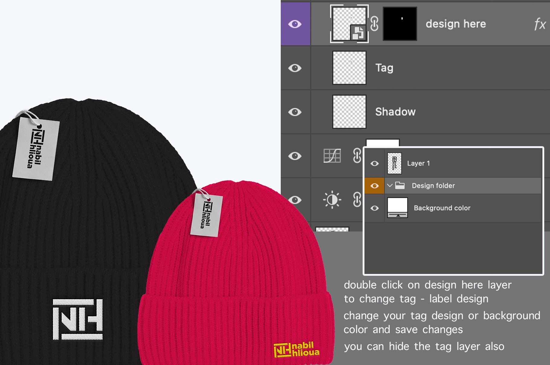 embroidery Ribknit beanie PSD mockup preview image.