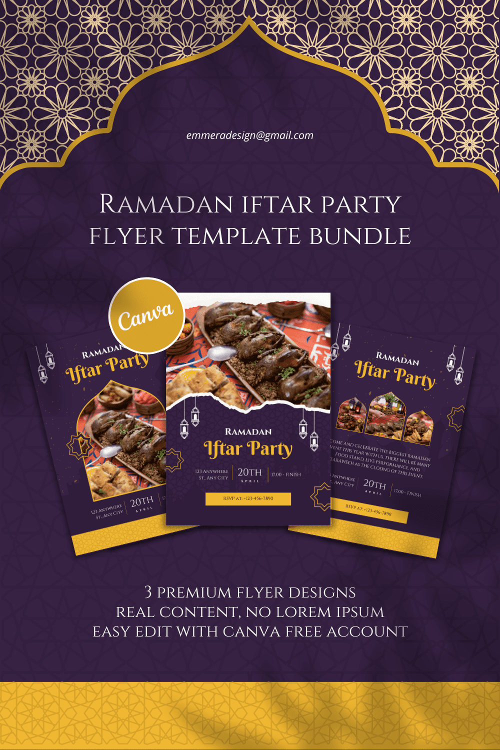 [Bundle 3 Designs] Purple Gold Elegant Ramadan Iftar Party Flyer Canva Template pinterest preview image.