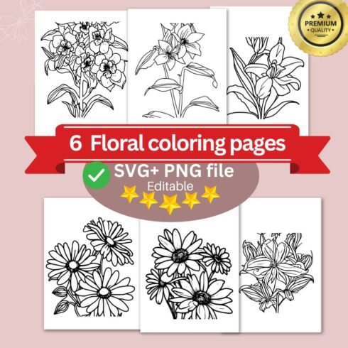 6 Flower Drawing Floral Coloring Pages bundle For Adults (SVG and PNG ) for KDP low content self-publishing cover image.