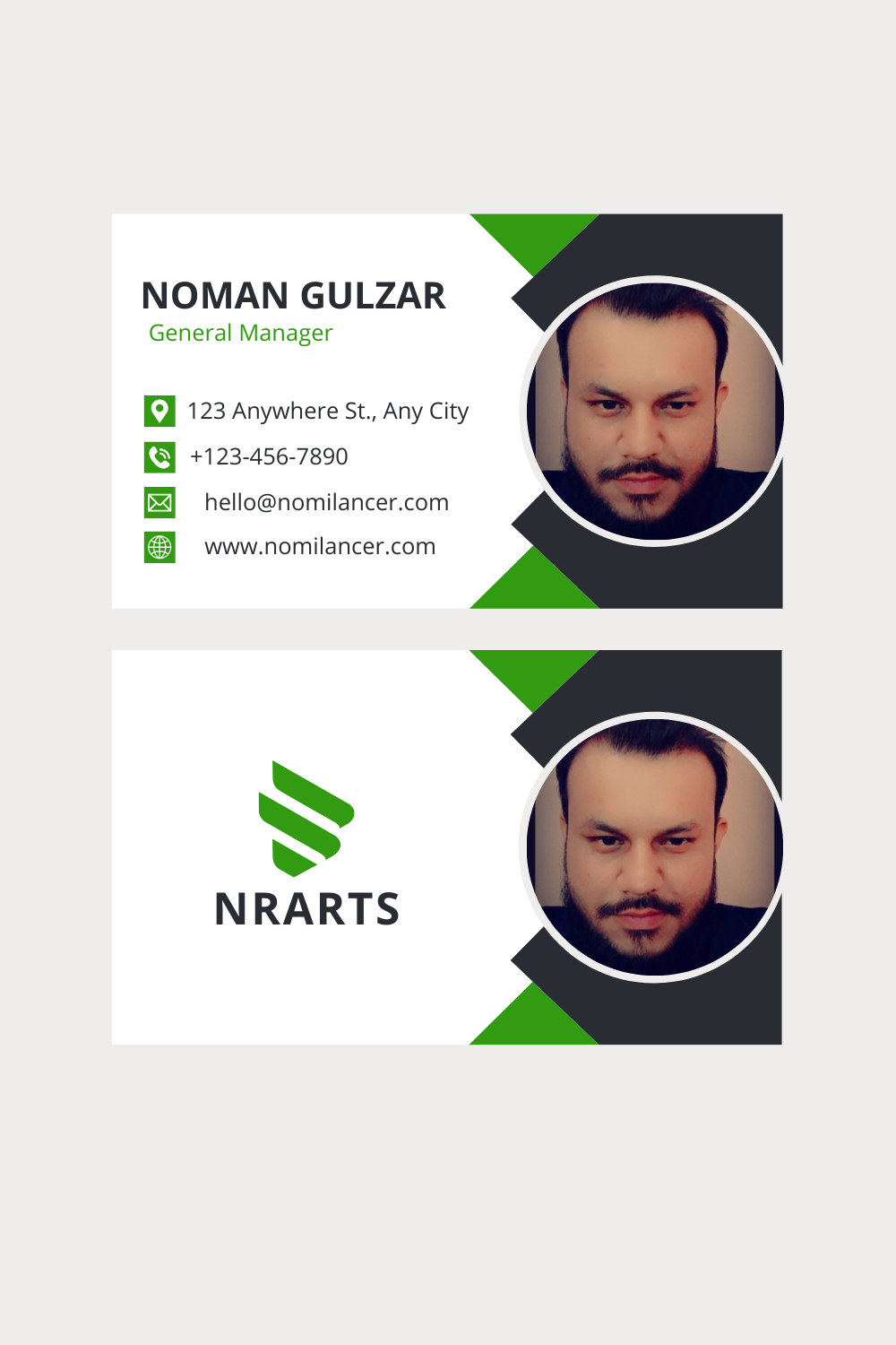 Minimalist Corporate Business Card Design in Green and Gray pinterest preview image.