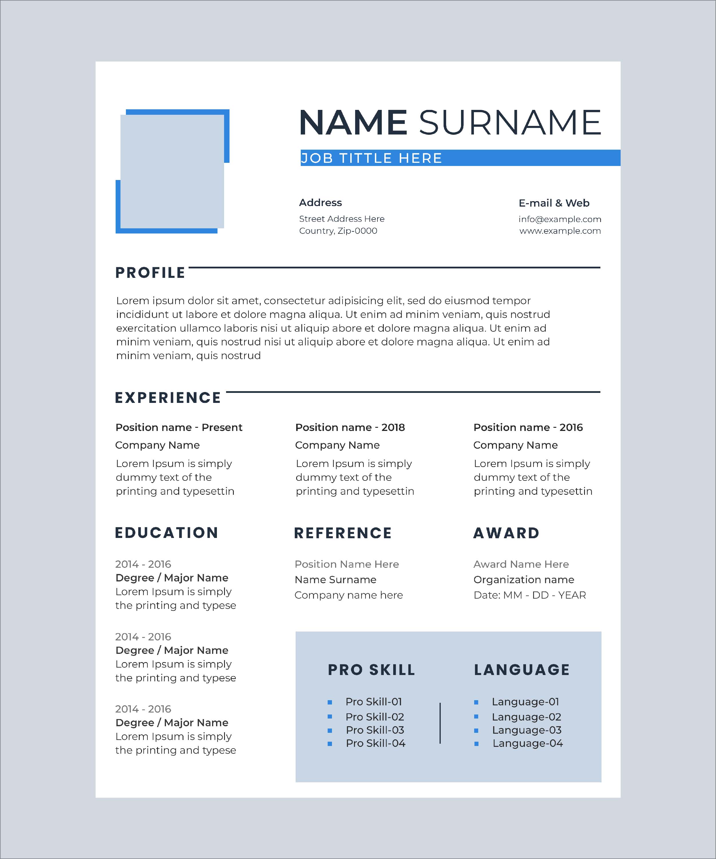 Professional resume template with blue accents.