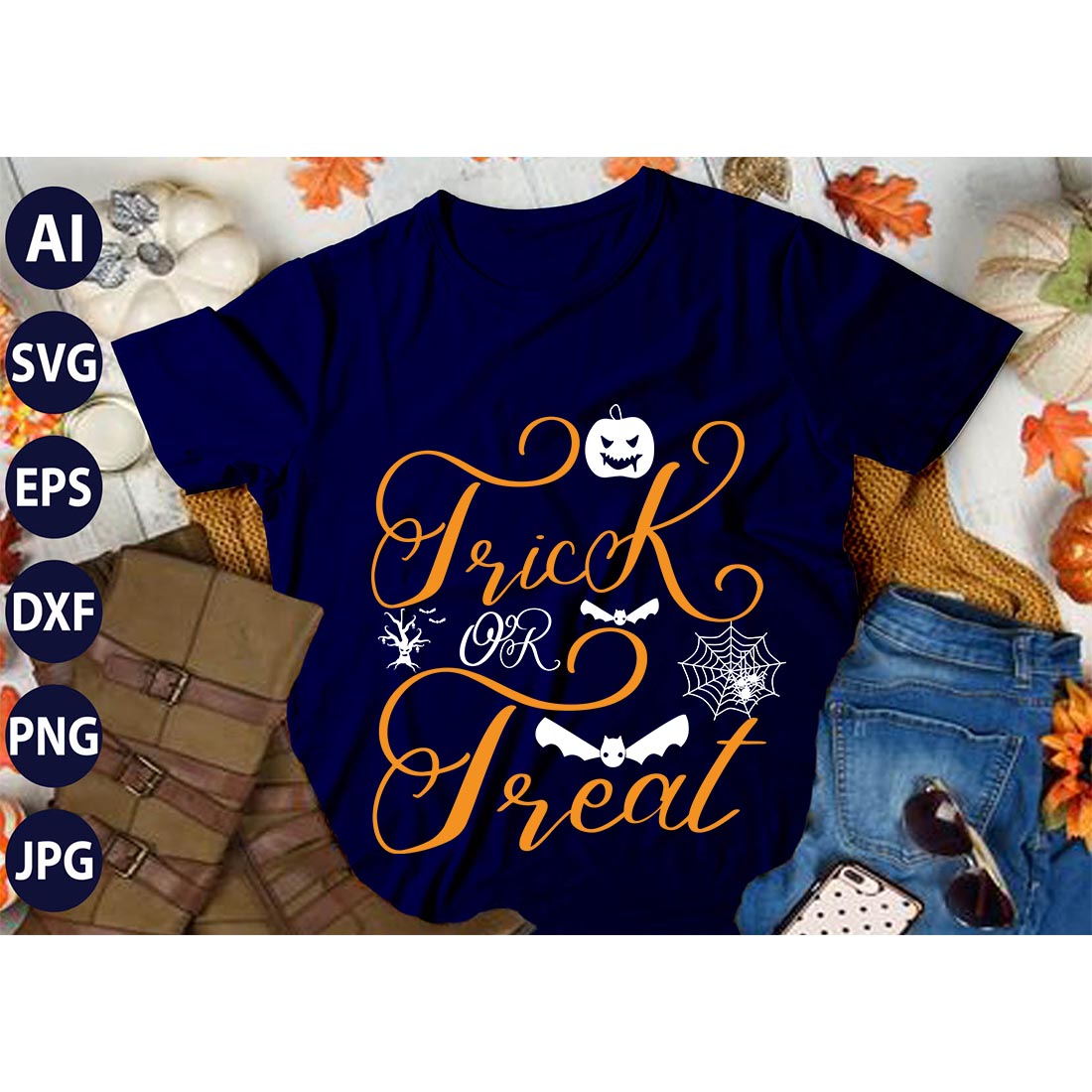 Trick or Treat, SVG T-Shirt Design |Happy Halloween & Pumpkin T-Shirt Design | Ai, Svg, Eps, Dxf, Jpeg, Png, Instant download T-Shirt | 100% print-ready Digital vector file cover image.
