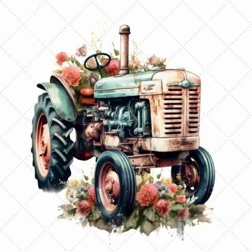 Farm Tractor Floral Watercolor Clipart Bundle cover image.