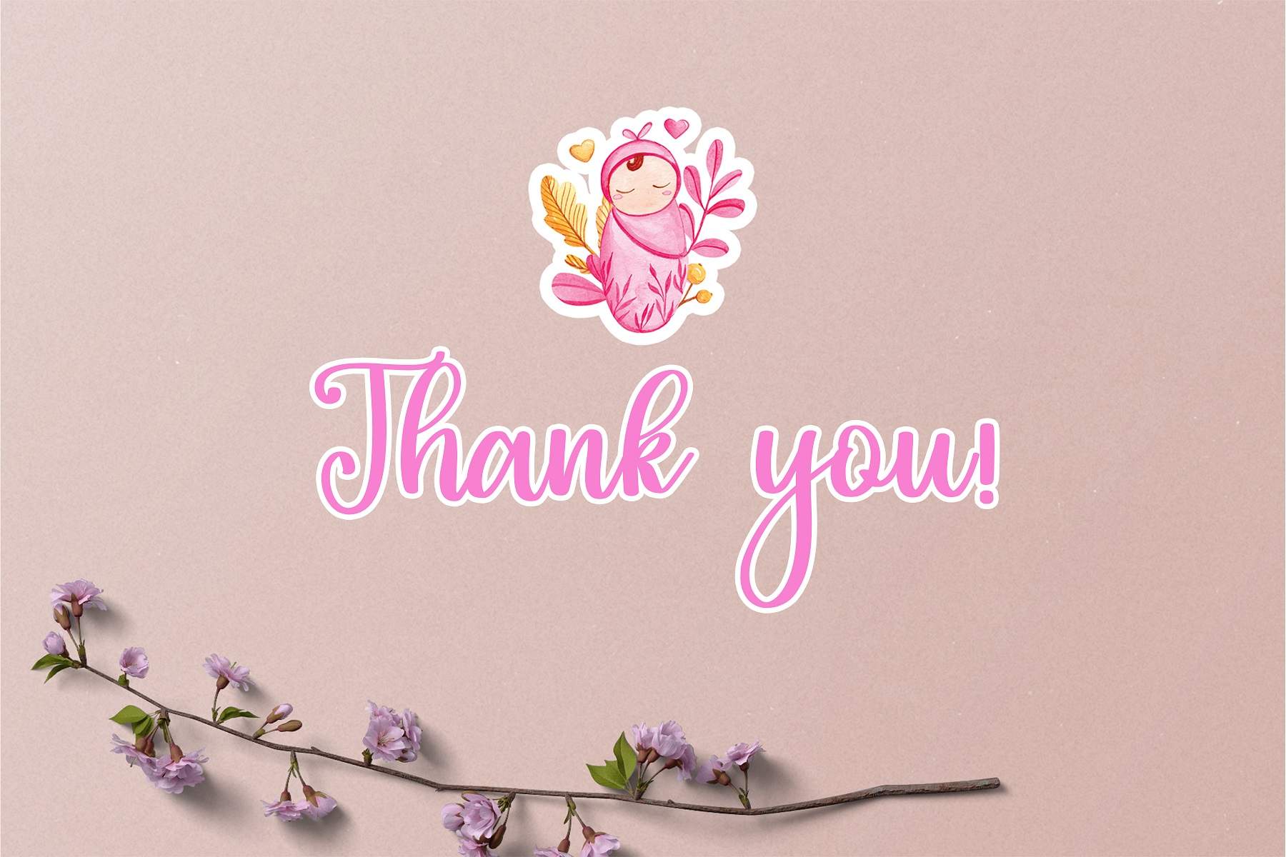 Thank you card with pink flowers on a pink background.