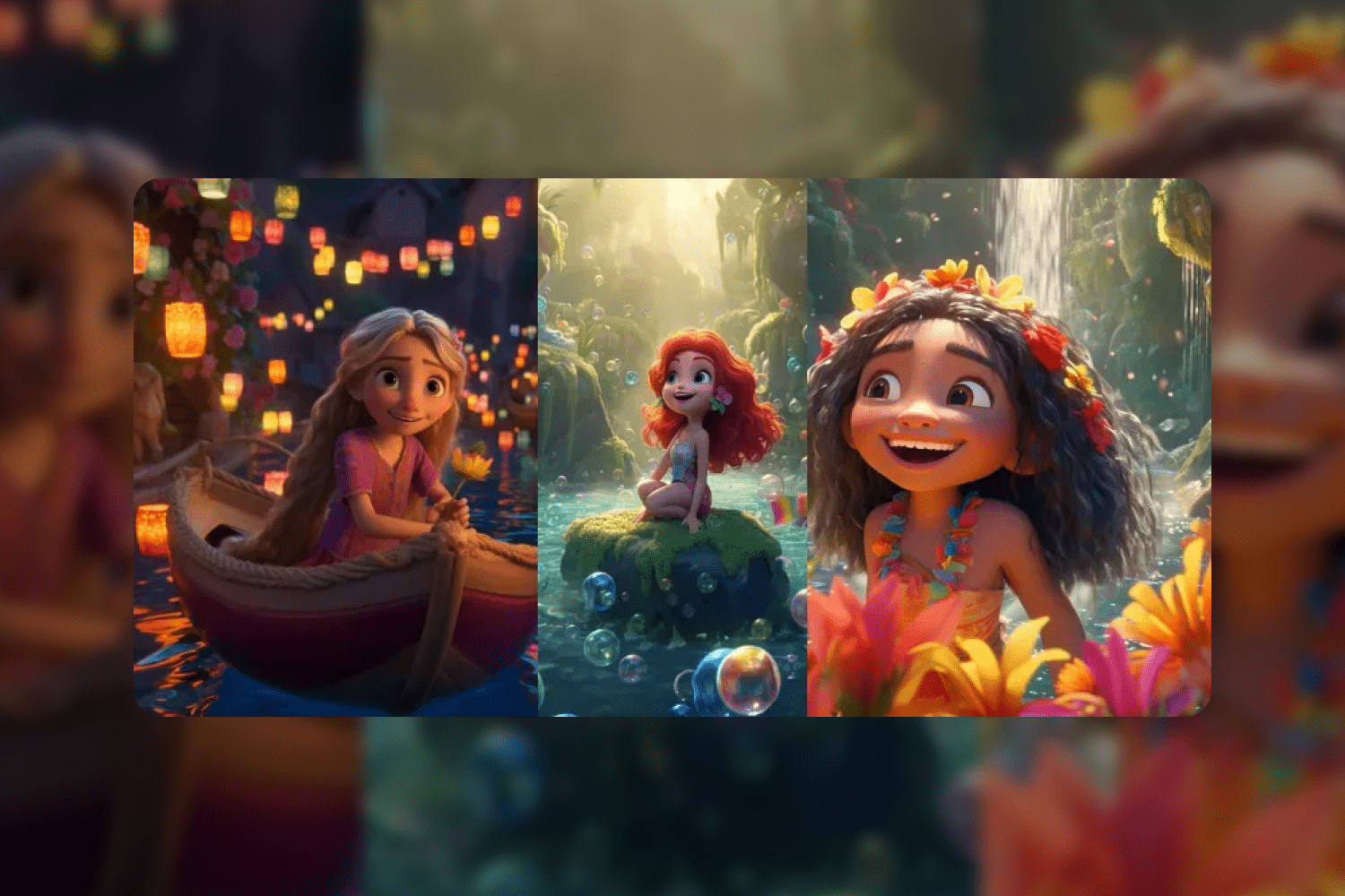 Collage of drawings of smiling girls in the style of Disney princesses.