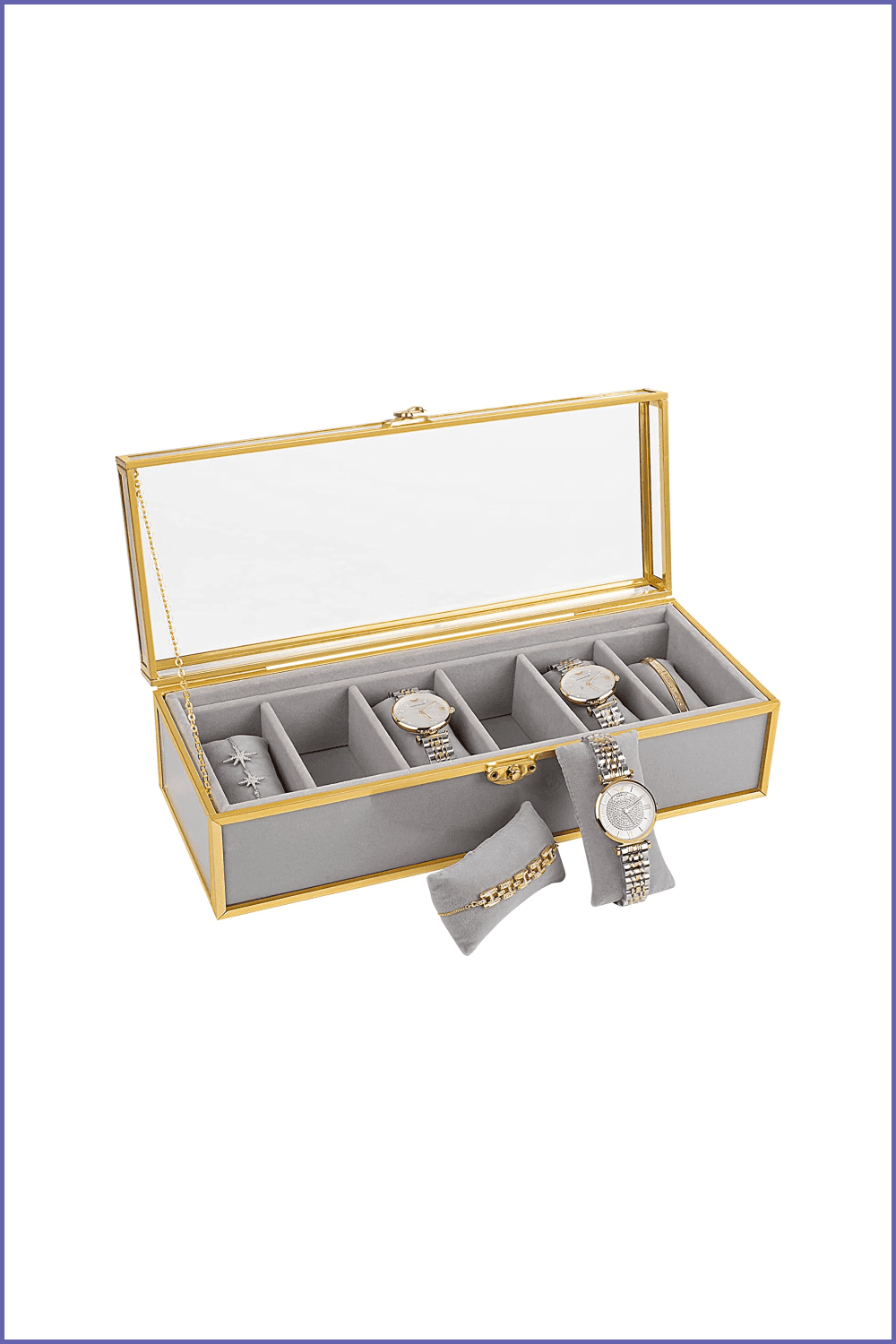 Photo of a gray box with pillows and compartments for watches and jewelry.