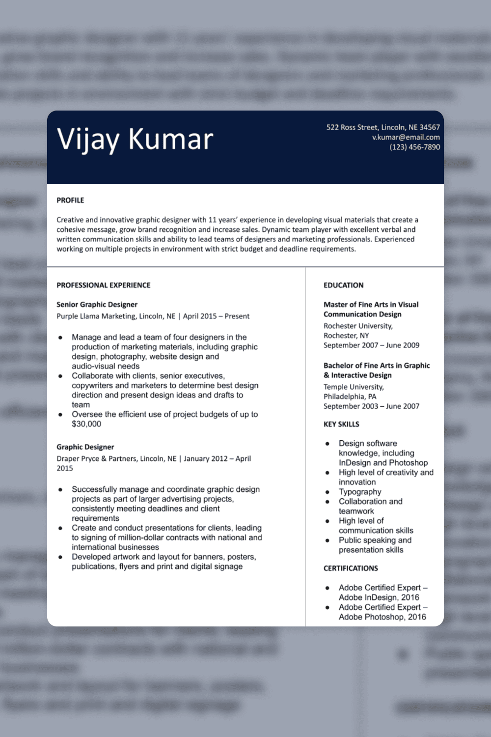 Resume image with text in one column and then in two columns.