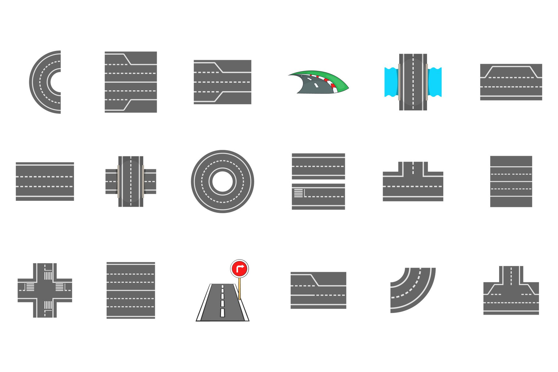 Roads icon set, cartoon style cover image.