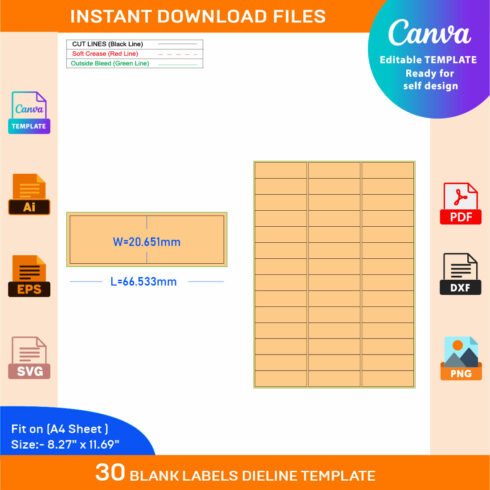 42 Adhesive Address Labels Dieline Template In A4 Sheet SVG, Ai, EPS, PDF, DXF, JPG, PNG File cover image.