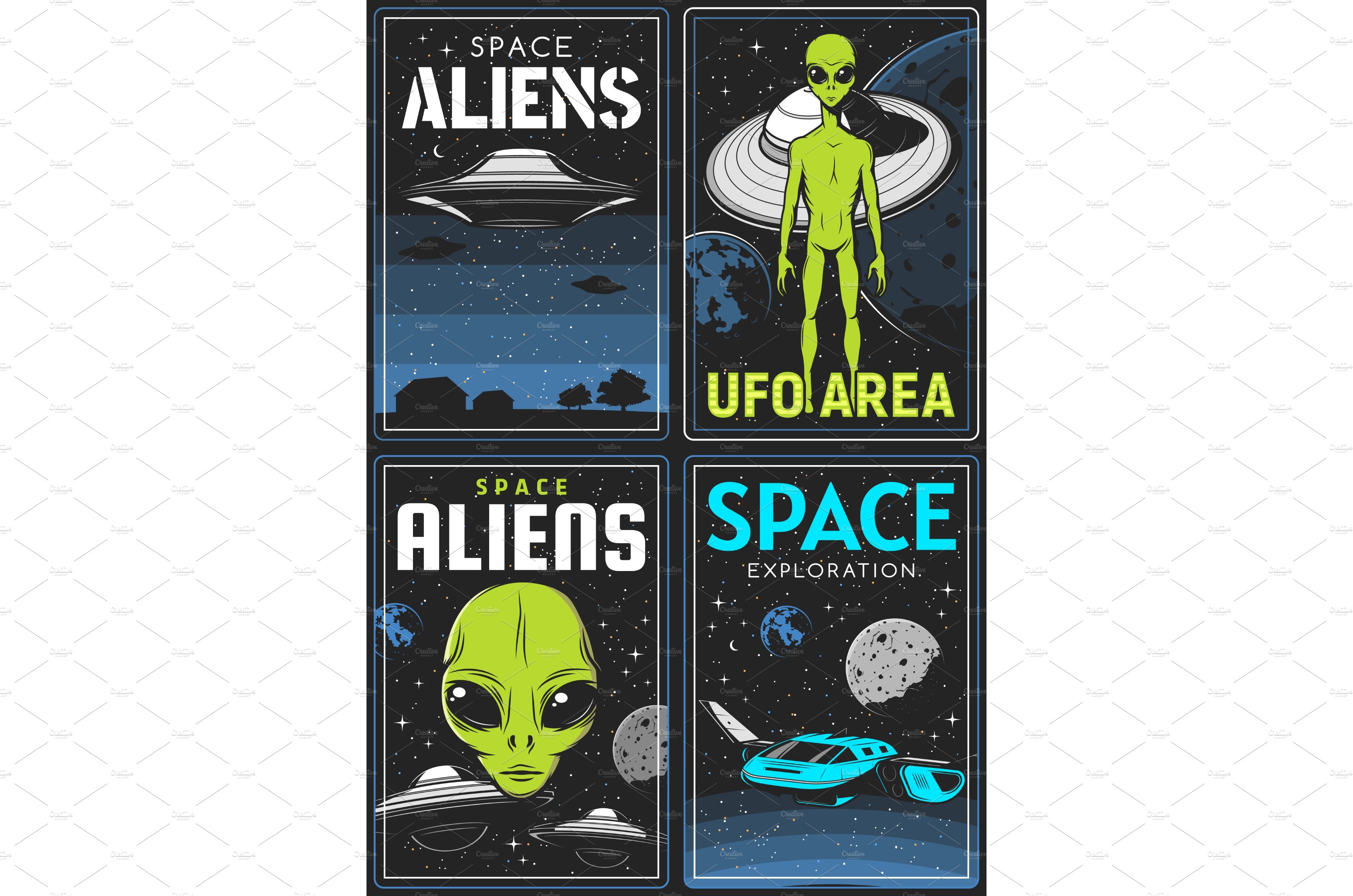 Retro posters with alien and ufo cover image.
