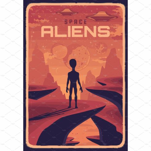 Alien and ufo on red planet cover image.