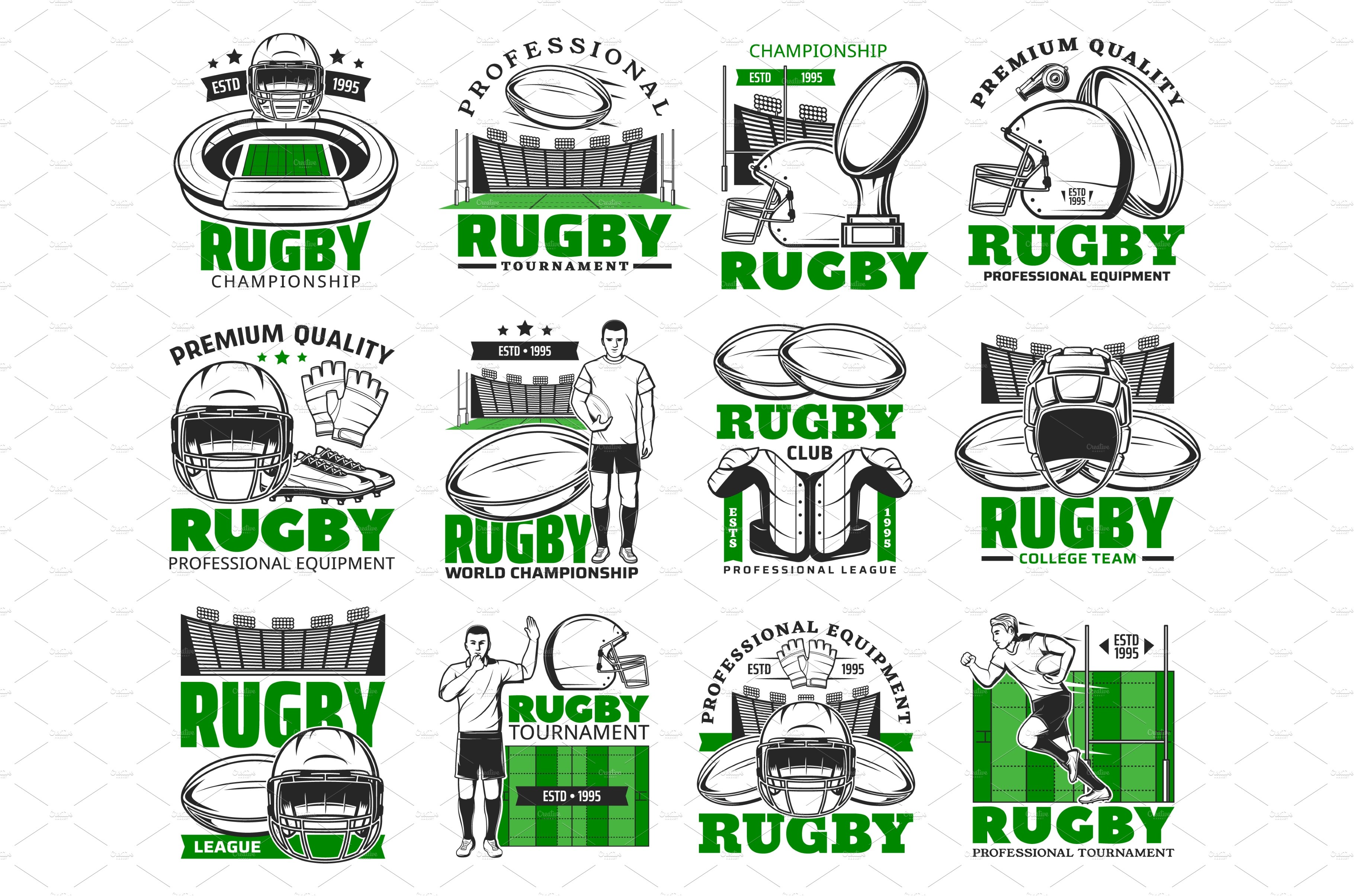 Rugby sport vector icons cover image.