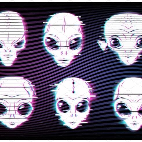 Alien faces or heads with glitch cover image.