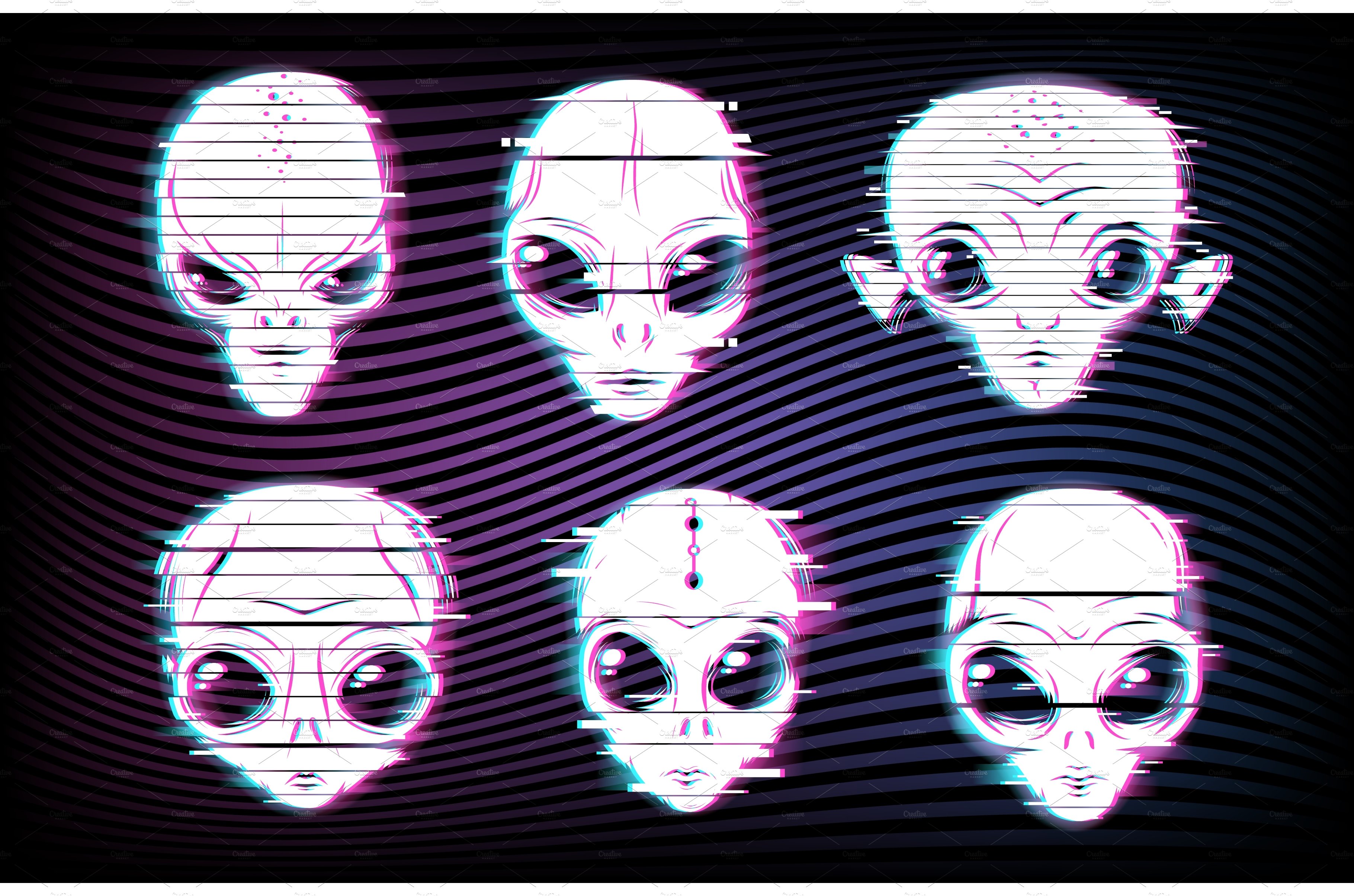 Alien faces or heads with glitch cover image.