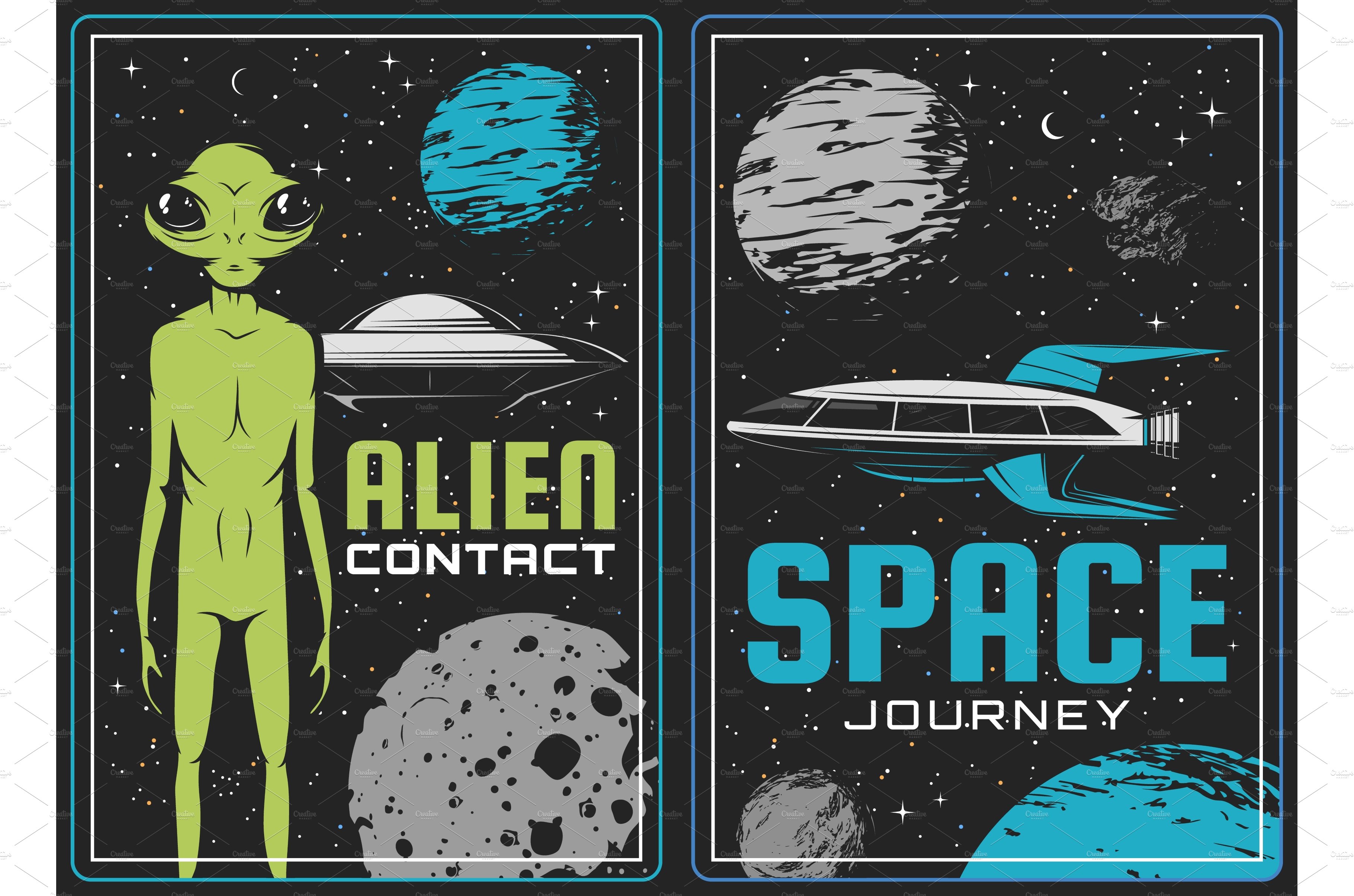 Alien and ufo vector cards cover image.