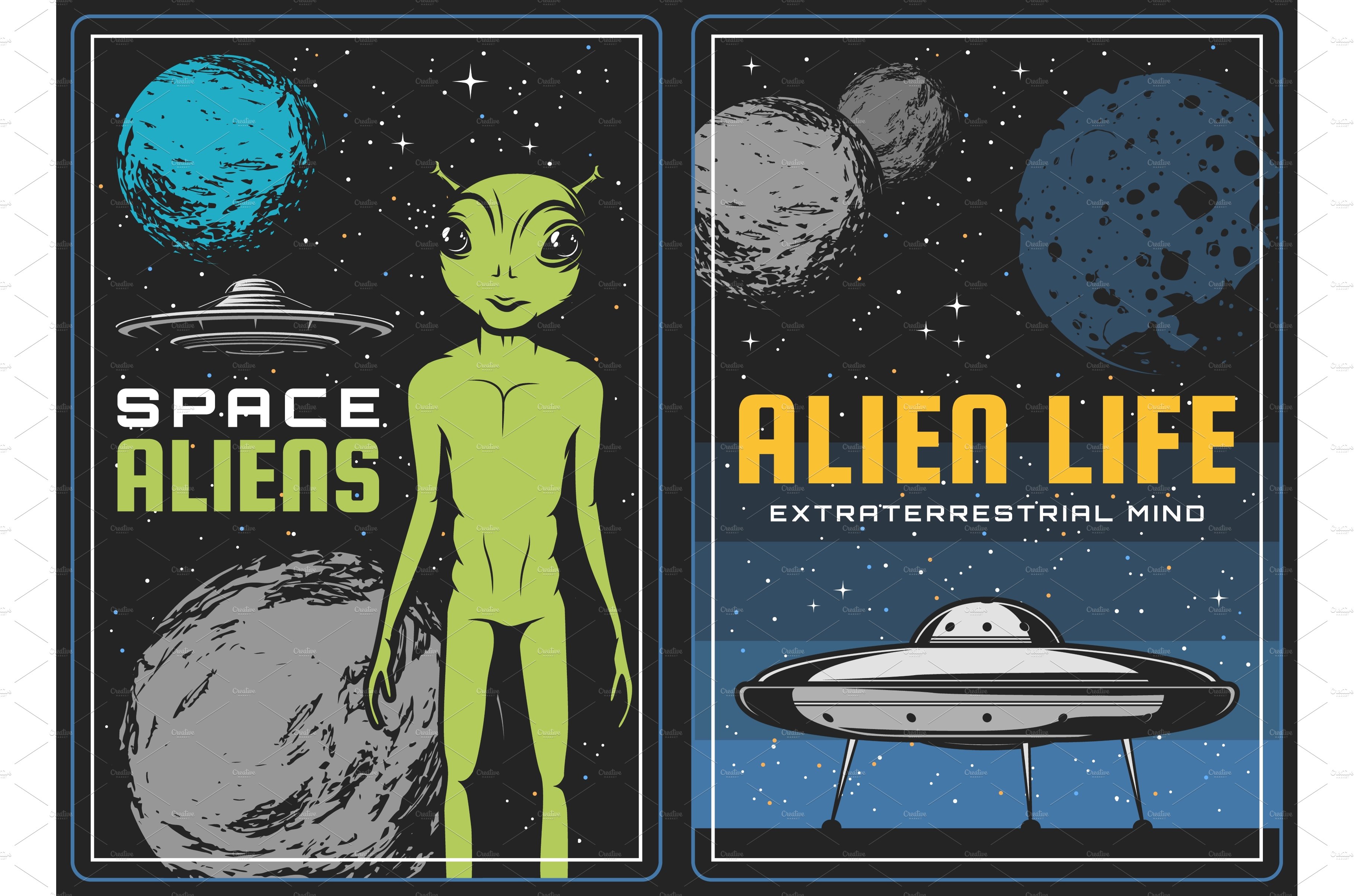 Alien and ufo spaceship in space cover image.