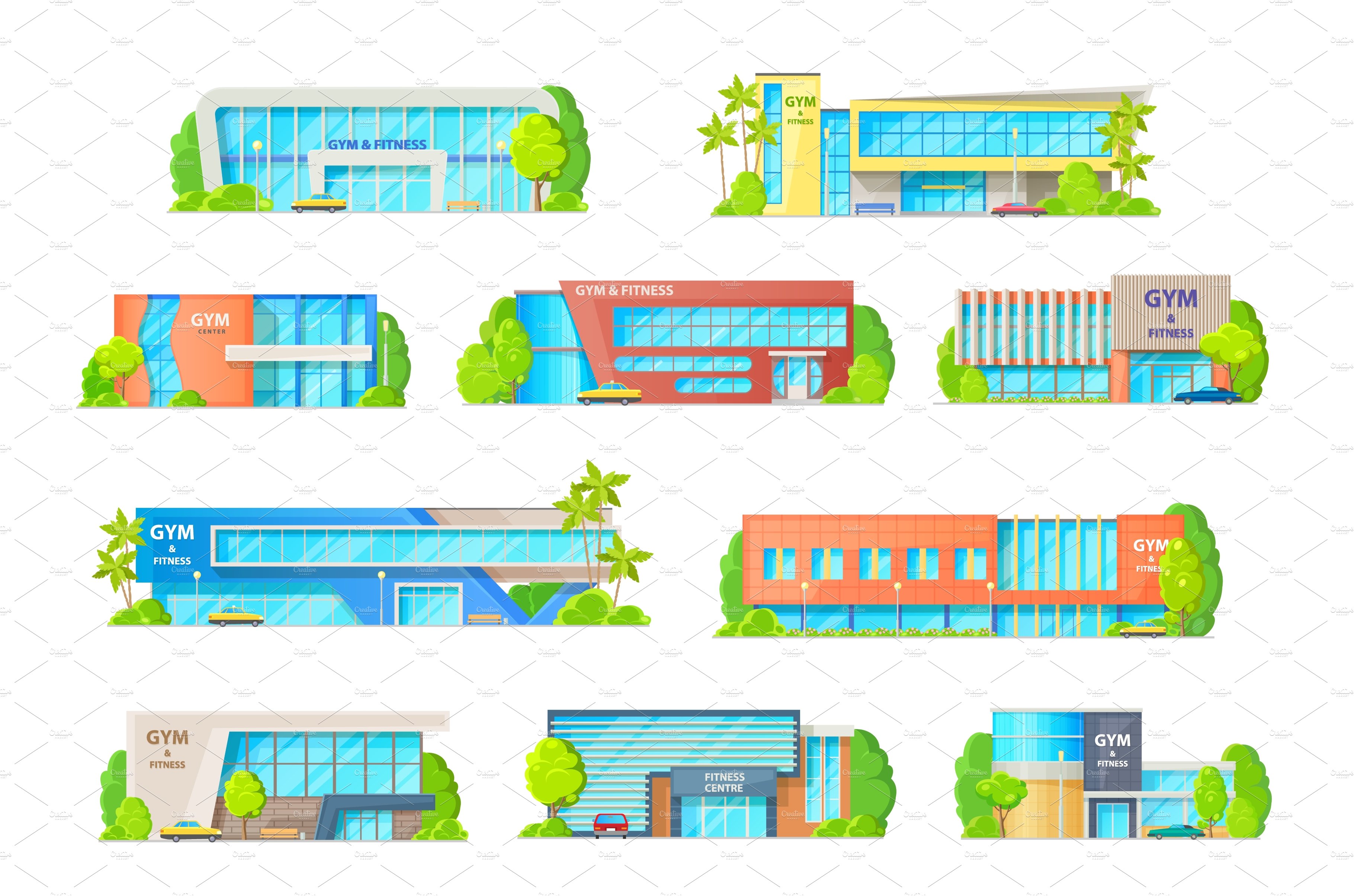 Gym or fitness center building icons cover image.
