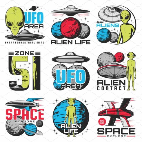 Aliens, ufo and space shuttle icons cover image.