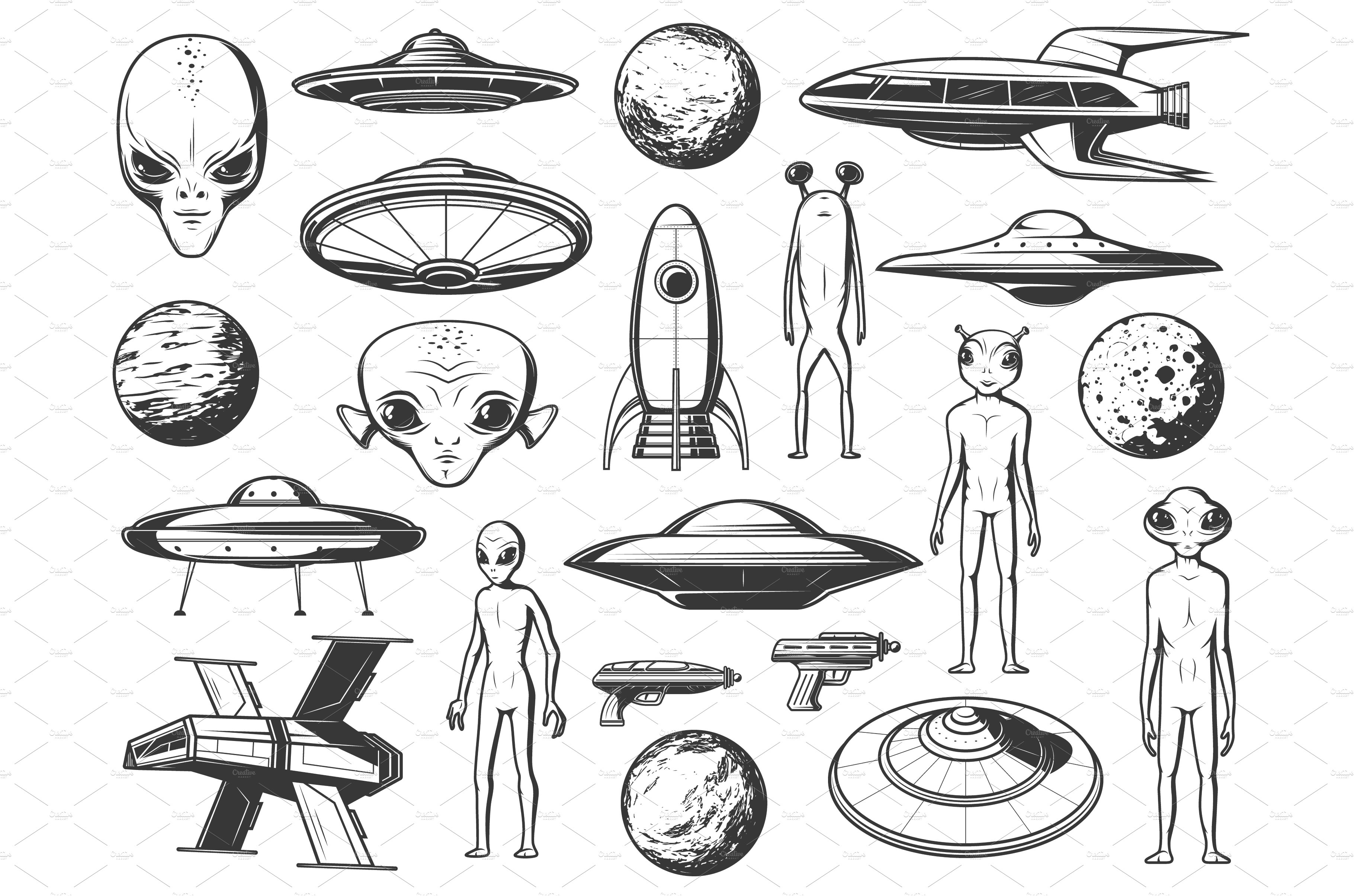 Aliens, ufo, spaceships, planets cover image.