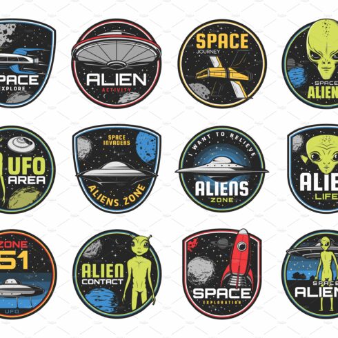 Alien zone, ufo area or space icons cover image.