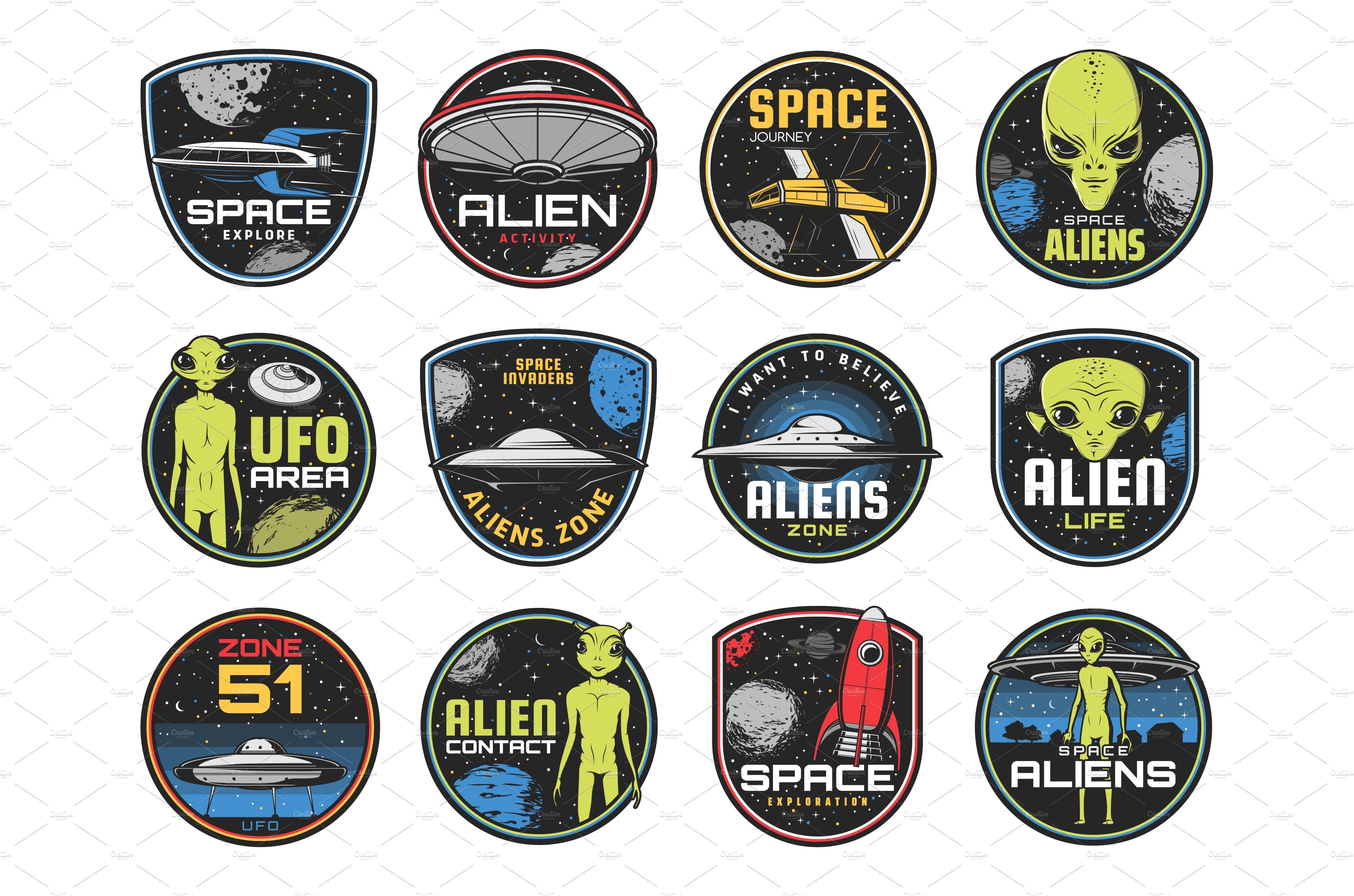 Alien zone, ufo area or space icons cover image.