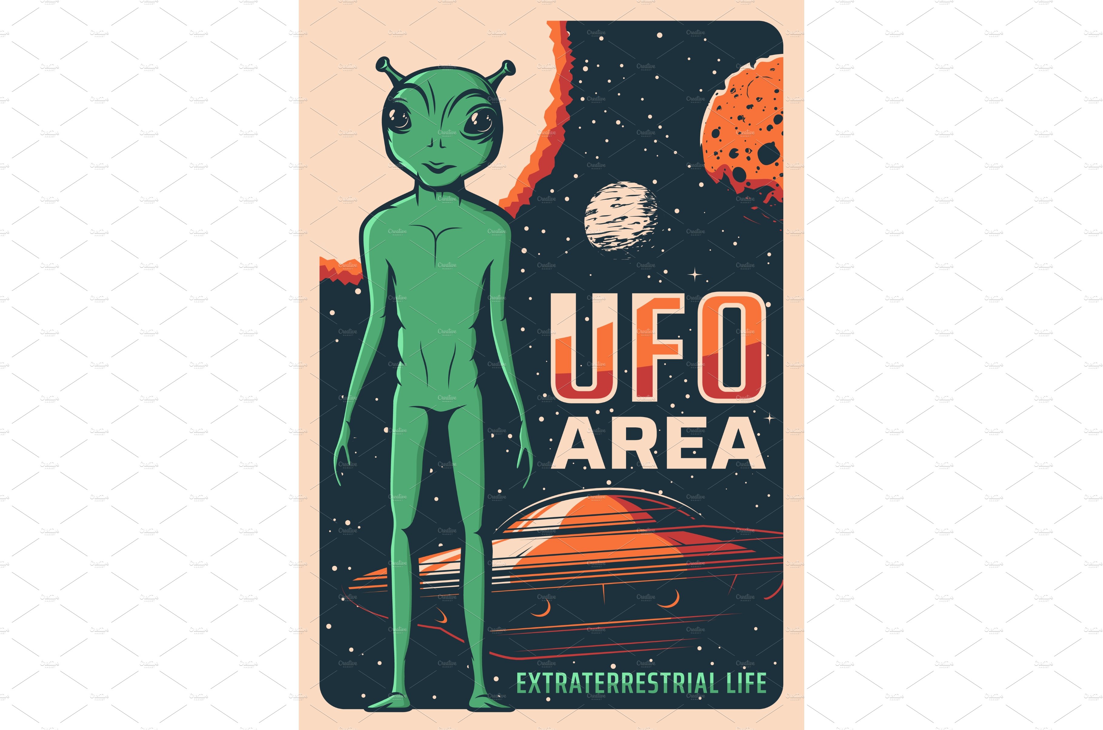 Alien and ufo retro poster cover image.