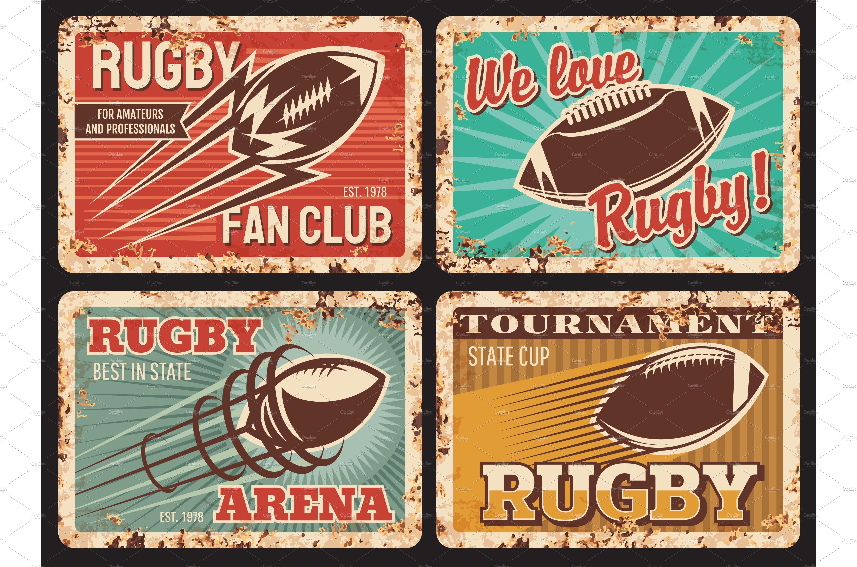 Rugby rusty metal plates, vector cover image.